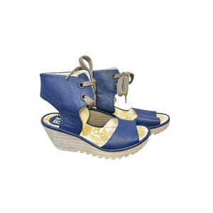 NWT Fly London Blue Leather Lace-Up Wedge Sandals Size 8.5